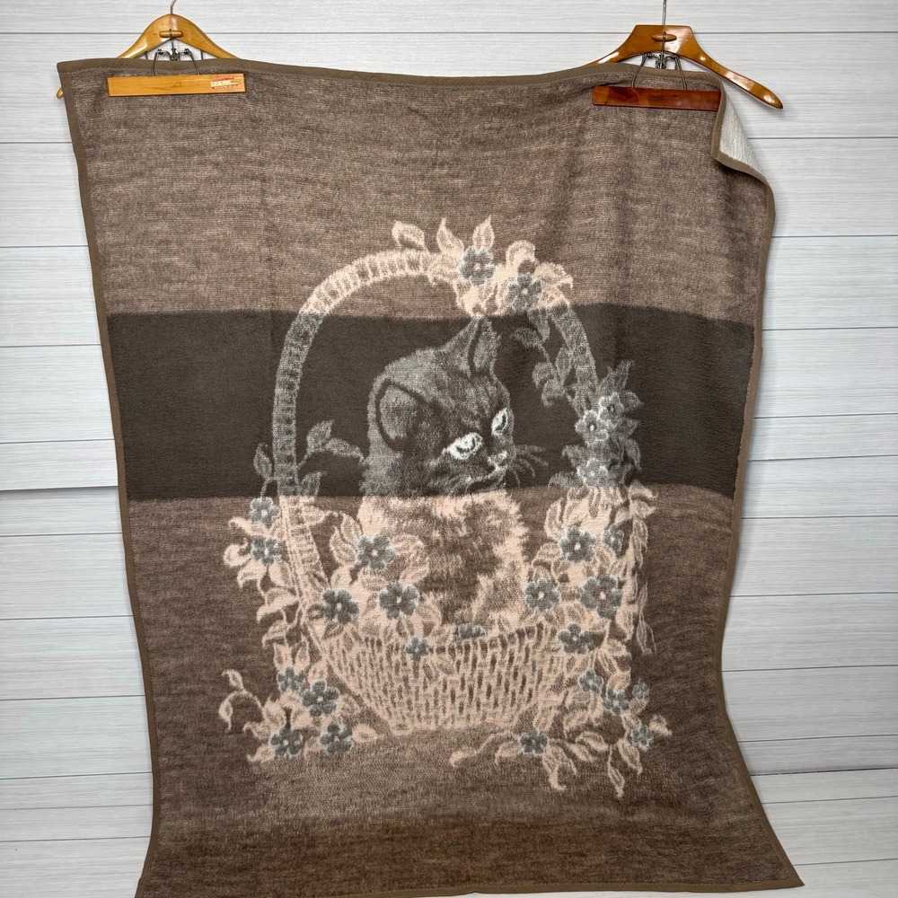 Vintage Kitten Cat Basket Floral Print Plush Throw‎ Blanket Brown Cream Cozy